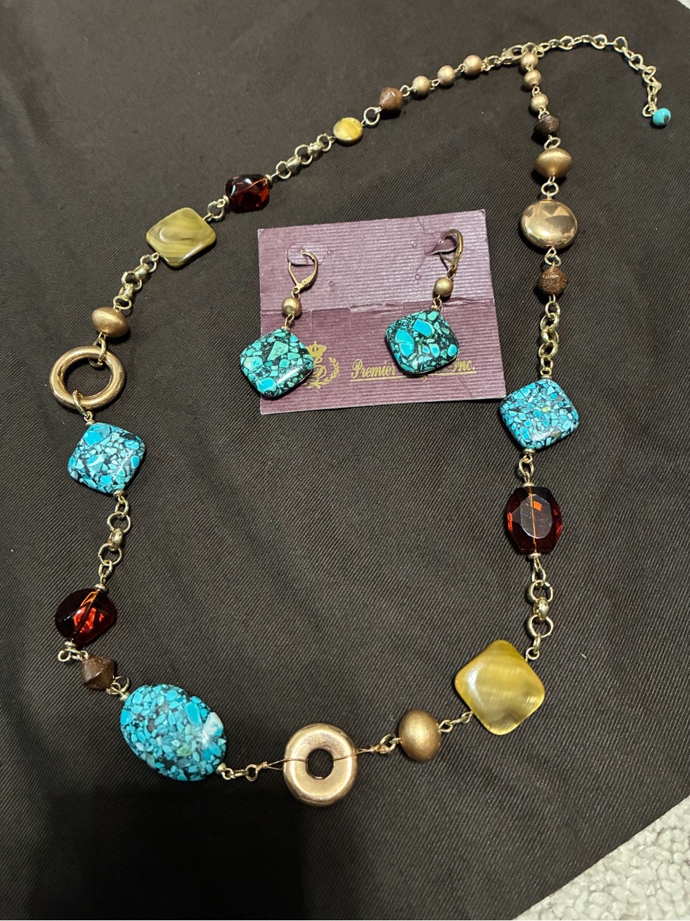 Premier Design Vintage Turquoise Mosaic Bead Necklace & Earring Set